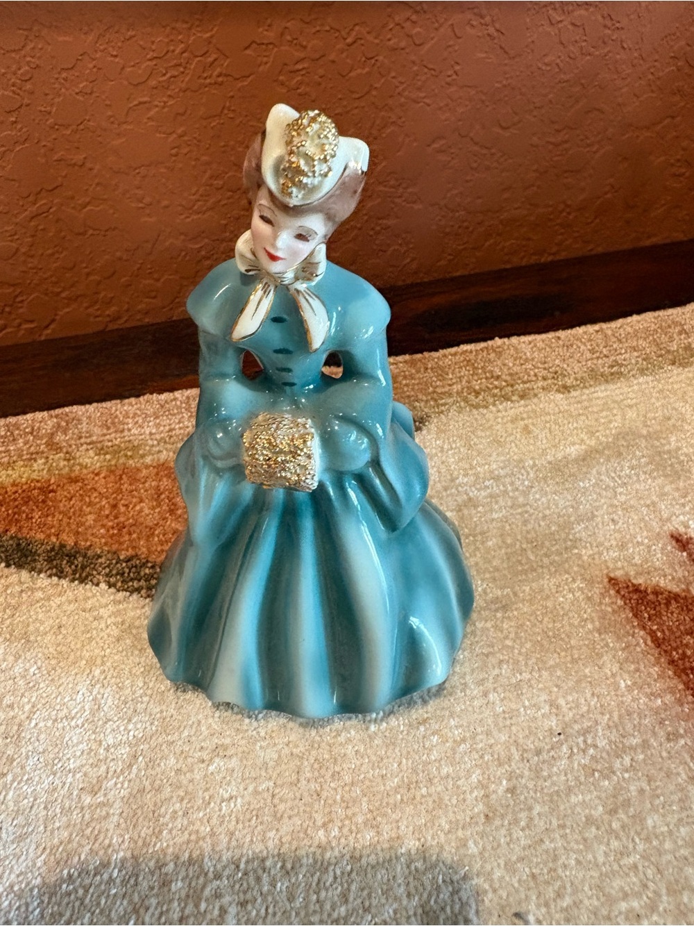 Vintage-Style Ceramic Lady Figurine in Aqua with Gold Accents